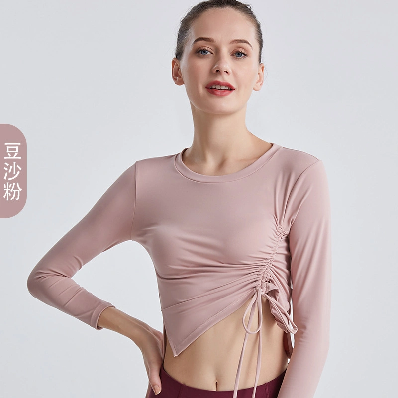 New Yoga Clothes Women&prime; S Running Fitness Sports Top Summer Bow Drawstring High Elastic Slim Long Sleeves