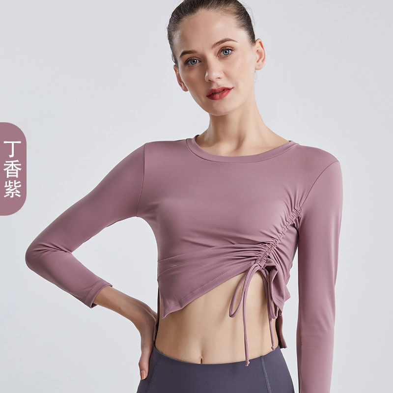 New Yoga Clothes Women&prime; S Running Fitness Sports Top Summer Bow Drawstring High Elastic Slim Long Sleeves